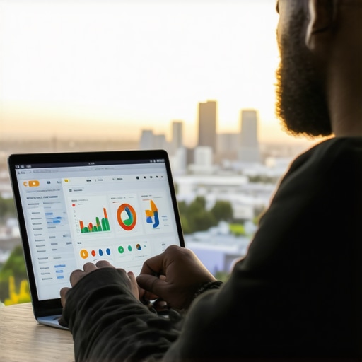 SEO specialist reviewing Oakland map ranking data on laptop.