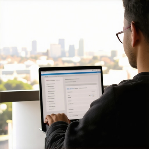 Blogger planning local SEO tactics with Oakland skyline