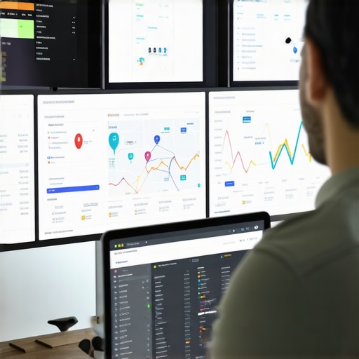 Business owner reviewing SEO analytics dashboard with maps and graphs