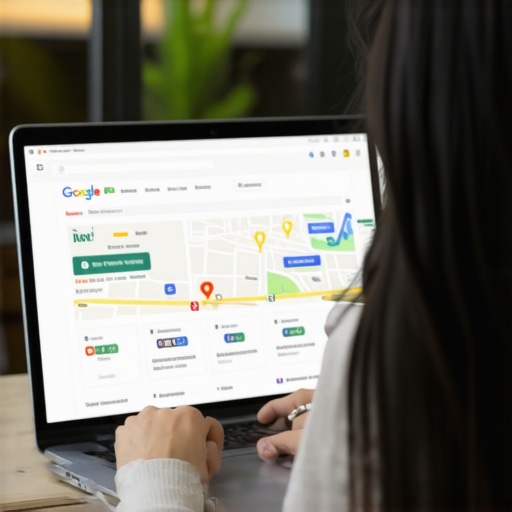 Person working on Google Maps optimization with Oakland landmarks