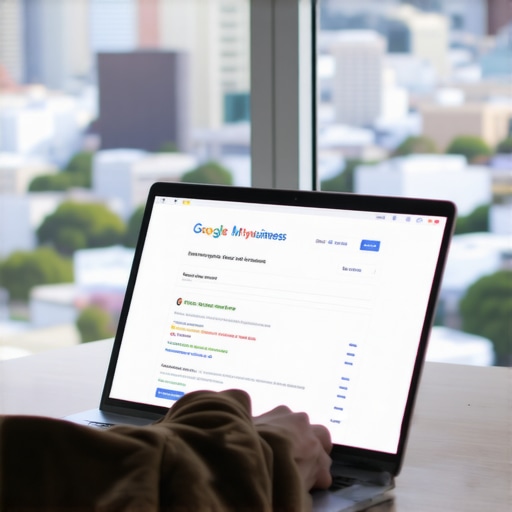 Person editing Google My Business profile on laptop with Oakland skyline