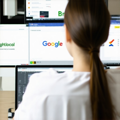 SEO tools for local map optimization maintenance Person analyzing local SEO data on multiple screens with BrightLocal and Google Search Console.