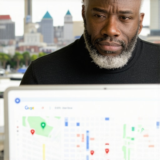 Business owner reviewing local SEO and map ranking data with Oakland cityscape