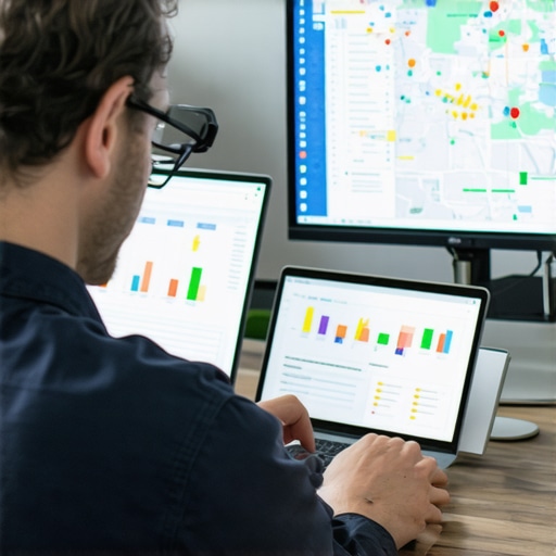 Analyzing Local SEO Data for Oakland Maps Oakland business owner reviewing local SEO metrics on laptop with maps and charts