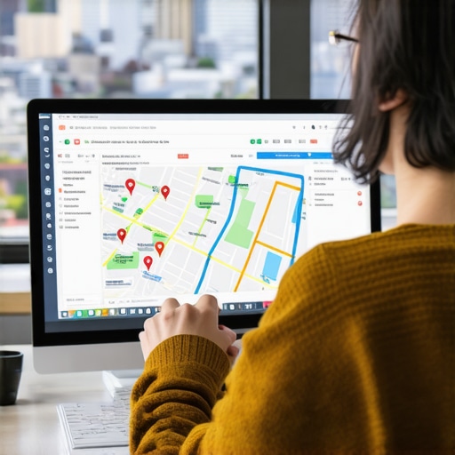 Maintaining Local SEO with Advanced Tools in Oakland Person analyzing local SEO performance using maps and keyword tracking software with Oakland skyline in background
