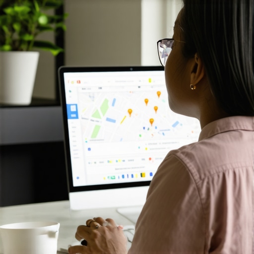 Business owner working on local map optimization on a laptop