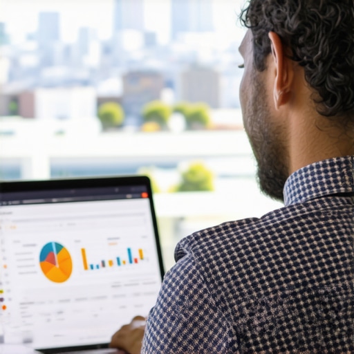 Oakland Business Owner Reviewing SEO Data Person reviewing SEO analytics with Oakland skyline in background.