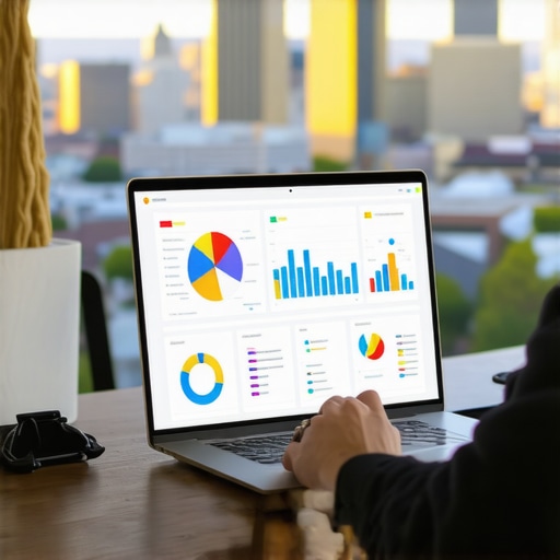 Oakland Local SEO Tools in Action Person analyzing SEO data on a laptop with Oakland city skyline in background