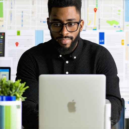 Optimizing Google My Business in Oakland Oakland business owner working on Google My Business profile with maps and SEO tools