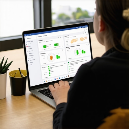 Person managing local SEO tools on a laptop in a bright office, representing ongoing Oakland maps optimization.
