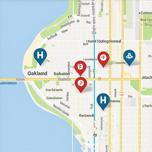 Illustration of Oakland map with digital markers and SEO icons.