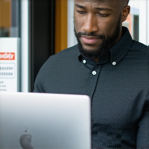 Business owner editing Google My Business profile on laptop with Oakland storefront