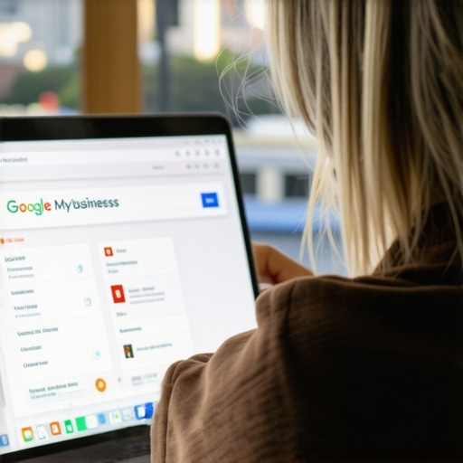 Person working on Google Business profile on laptop with Oakland skyline in background.