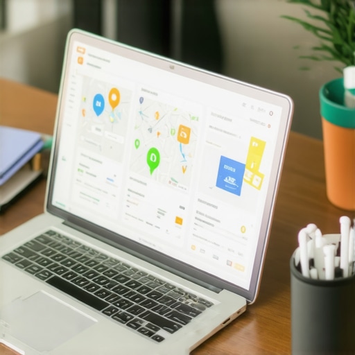 Laptop screen showing local SEO dashboards and Oakland maps