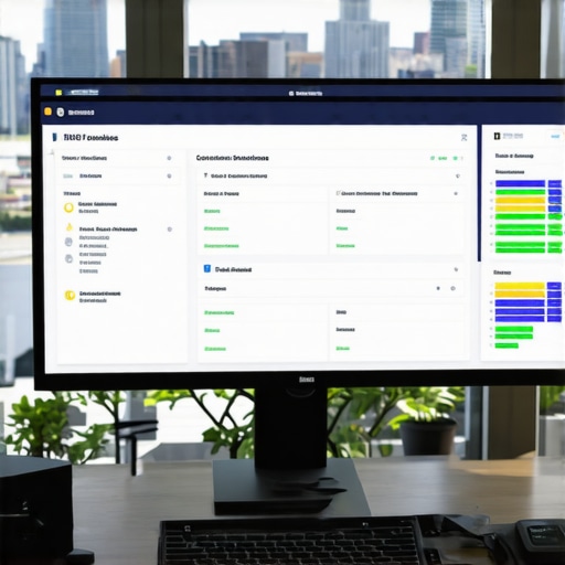 Close-up of a computer screen displaying local SEO and citation audit dashboards, with Oakland skyline in view.