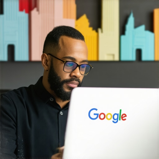 Small business owner working on Google My Business profile with Oakland landmarks in background.
