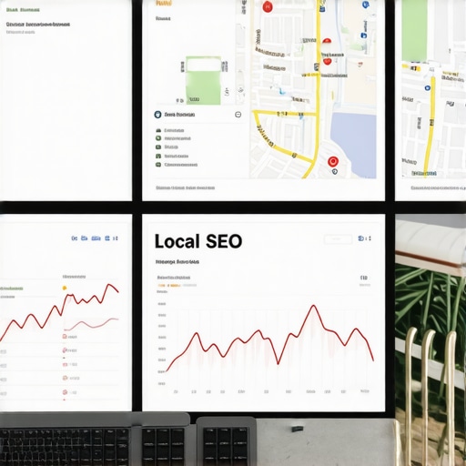 Business owner managing SEO tools on multiple screens for Oakland maps and local SEO