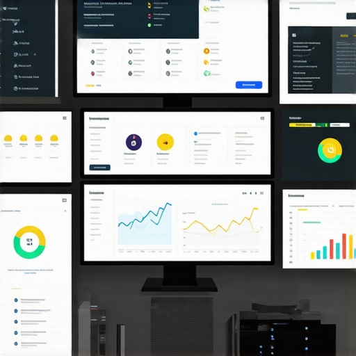 A professional workspace featuring monitors displaying local SEO analytics, maps, and ranking data.