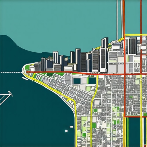 A cityscape with digital overlays of maps and SEO analytics tools representing Oakland map maintenance.