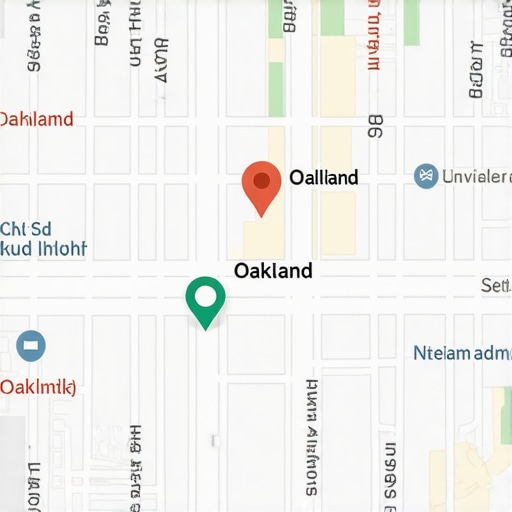 Map of Oakland with business pins and neighborhood labels.