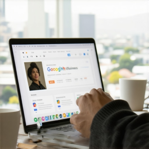 Person editing Google My Business profile on laptop with Oakland skyline in background.
